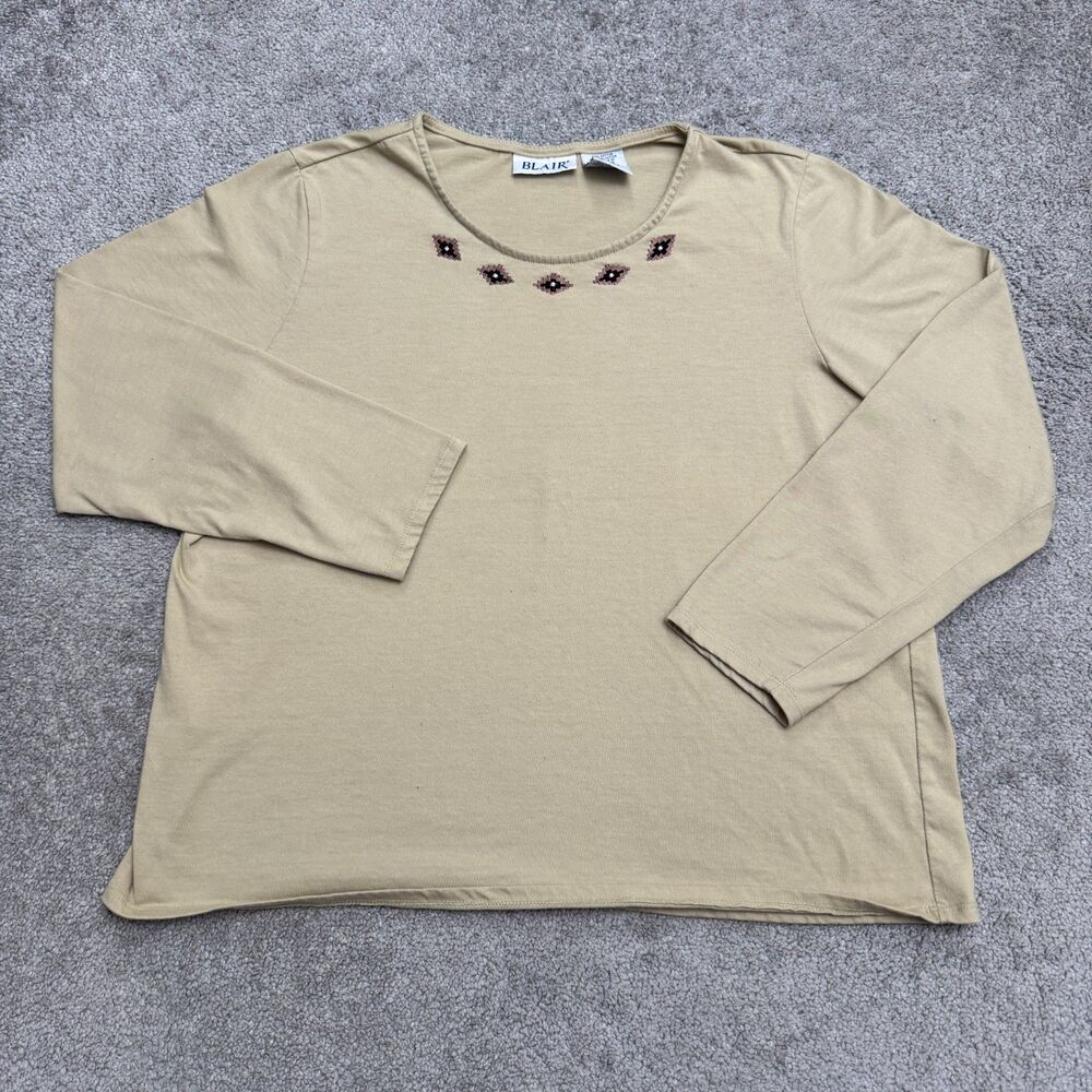 Vintage Blair Embroidered Long Sleeve Shirt Womens Large Beige Southwestern Top
